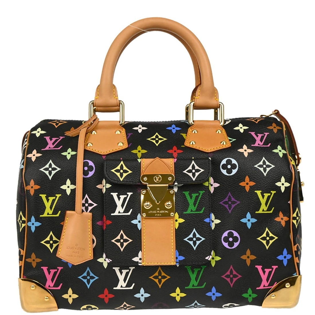 Louis Vuitton Speedy 30 Black Monogram Multicolor Handbag M92642: Louis Vuitton Speedy 30 Black Monogram Multicolor Handbag M92642 Louis Vuitton Speedy 30 handbag in black Monogram Multicolor canvas with leather trim and double handles. This medium handbag features 
