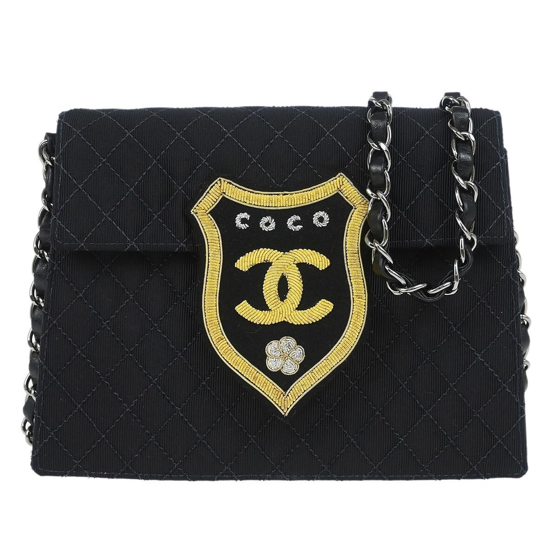 CHANEL Quilted Small Black Canvas Crossbody Shoulder Bag: CHANEL Quilted Small Black Canvas Crossbody Shoulder Bag Chanel black canvas shoulder bag with a matelasse quilted design and push lock flap closure. This small women's bag features a black chain cros