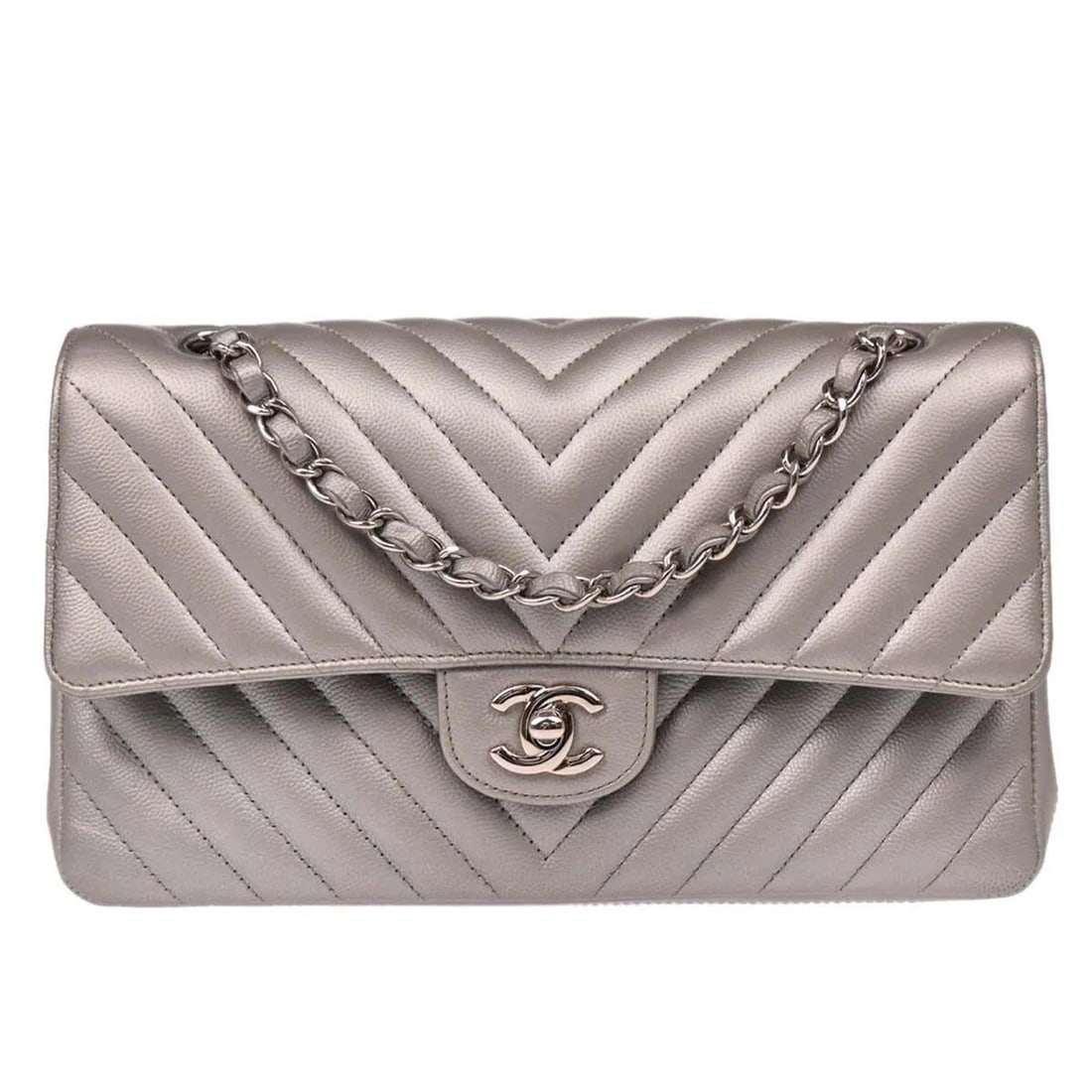 Chanel Timeless Classic Double Flap Calfskin Shoulder Bag Silver: Chanel Timeless Classic Double Flap Calfskin Shoulder Bag Silver Chanel Timeless - Classic Double Flap bag in silver calfskin. This piece is in very good condition overall, with scuffs to the interior