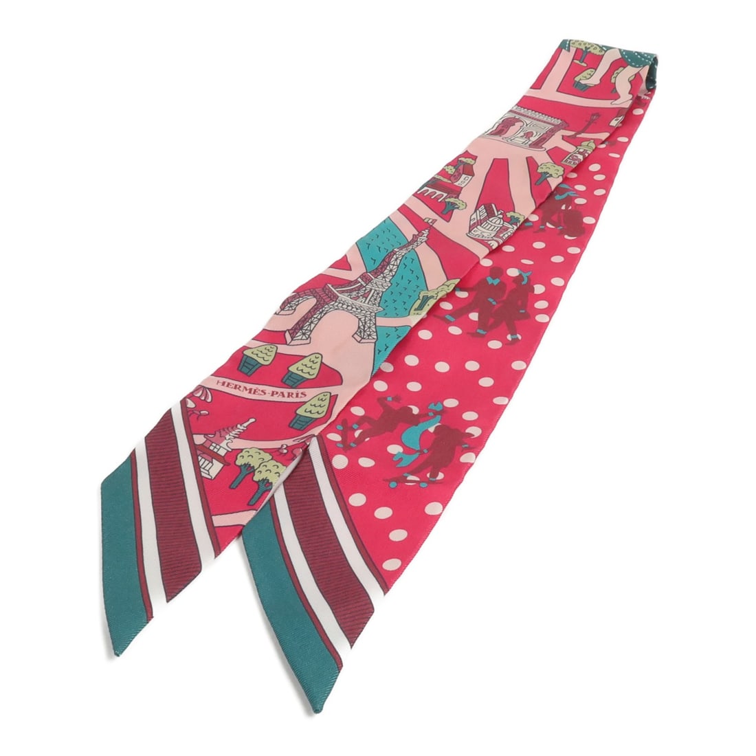 Hermes Silk Twilly Scarf in Pink and Green: Hermes Silk Twilly Scarf in Pink and Green Hermes Twilly scarf in silk with a pink and green color palette. Made in France, this women's scarf is presented in very good condition. Specifications Brand