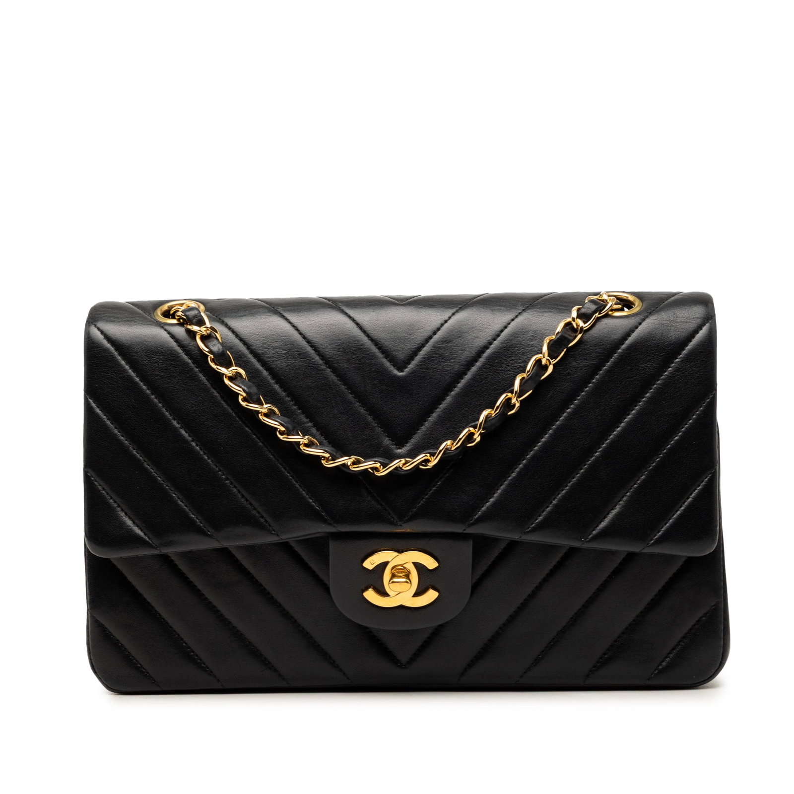 Chanel Medium Classic Chevron Double Flap Shoulder Bag Black Lambskin: Chanel Medium Classic Chevron Double Flap Shoulder Bag Black Lambskin Medium Classic Chevron Lambskin Double Flap shoulder bag in black lambskin leather. This bag features leather-woven chain link sho