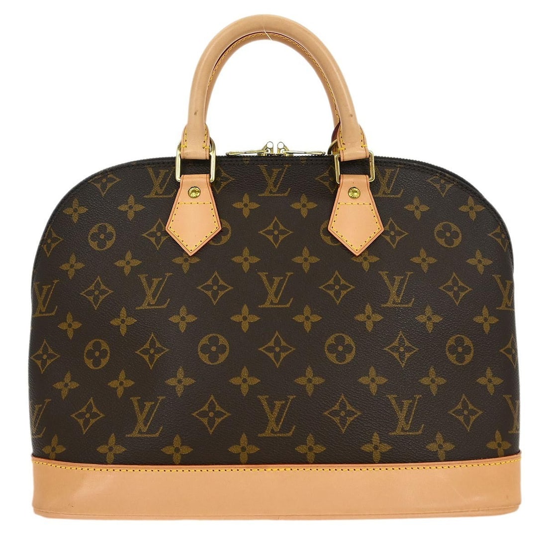 Louis Vuitton Alma M51130 Monogram Canvas Top Handle Bag: Louis Vuitton Alma M51130 Monogram Canvas Top Handle Bag Vintage Louis Vuitton Alma handbag in Monogram canvas with leather trim and double handles. This top handle bag features a zip closure, brown c
