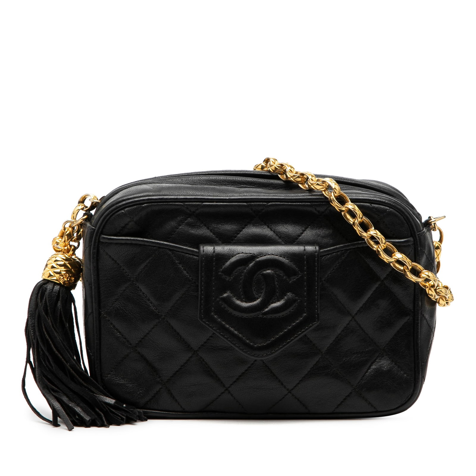 Black Lambskin Quilted Camera Crossbody Bag with Tassel by Chanel: Black Lambskin Quilted Camera Crossbody Bag with Tassel by Chanel This Chanel CC Quilted Lambskin Tassel Camera Bag is crafted from quilted black lambskin leather and features a leather-woven chain li