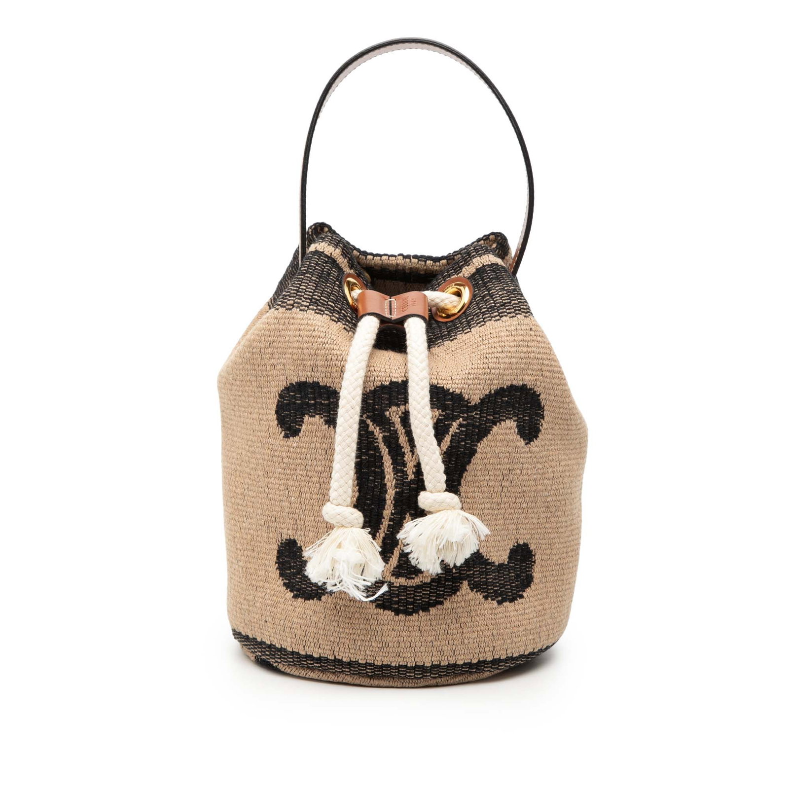Celine Triomphe Small Raffia Bucket Bag with Leather Strap: Celine Triomphe Small Raffia Bucket Bag with Leather Strap This Celine Small Triomphe bucket bag showcases a natural raffia body paired with a flat leather strap and features an open top with a drawst