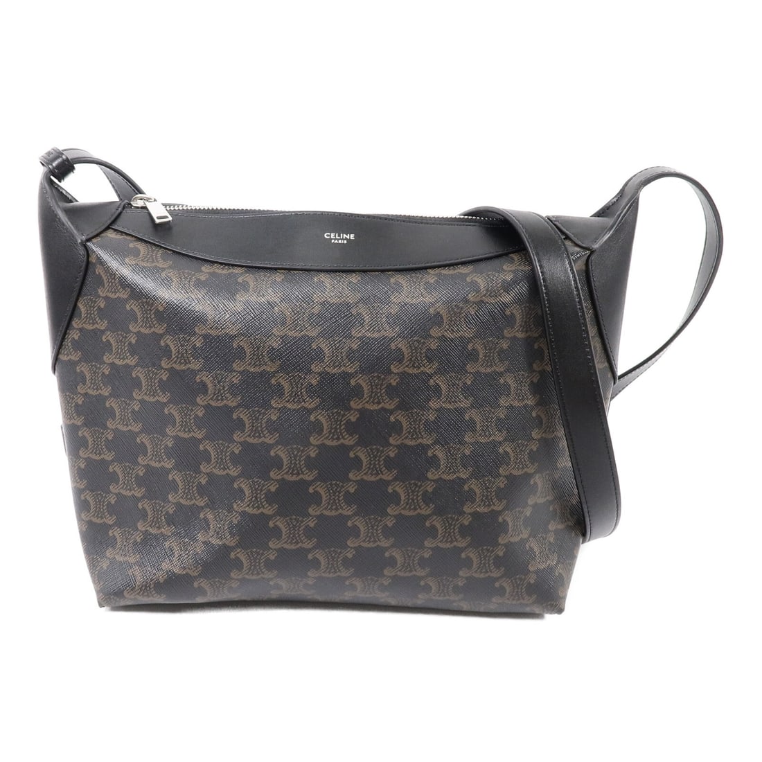 CELINE Harry Triomphe Black Calfskin Canvas Shoulder Bag SHW: CELINE Harry Triomphe Black Calfskin Canvas Shoulder Bag SHW Celine Harry Triomphe shoulder bag in black with a calfskin and canvas construction. This women's shoulder bag is presented in very good co