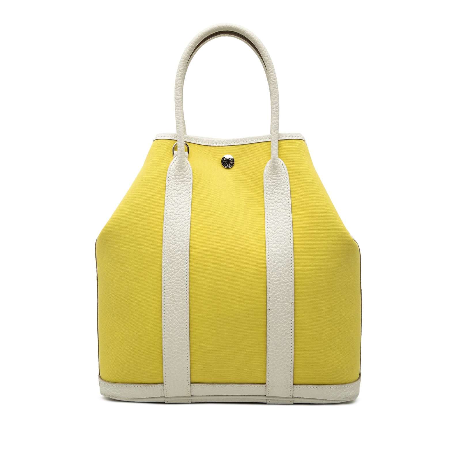 Hermes Garden File 28 Toile Negonda Tote Bag Yellow: Hermes Garden File 28 Toile Negonda Tote Bag Yellow Hermes Garden File 28 bag in toile canvas with Negonda leather trim and rolled leather handles. This open-top design features a snap button closure 