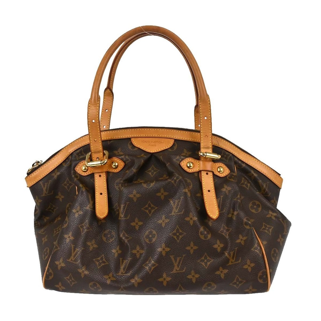 Louis Vuitton Tivoli GM Monogram Canvas Tote M40144: Louis Vuitton Tivoli GM Monogram Canvas Tote M40144 Louis Vuitton Tivoli GM handbag in brown Monogram canvas with leather trim and a zip closure. This women's tote features logo accents, bottom studs,