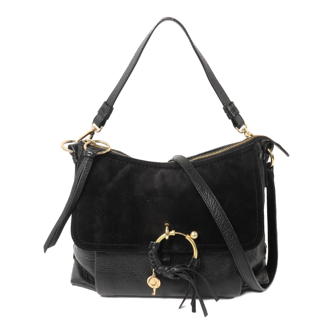 See by Chloe Joan 2 Way Black Calfskin Suede Shoulder Bag GHW: See by Chloe Joan 2 Way Black Calfskin Suede Shoulder Bag GHW This See by Chloe Joan 2-way shoulder bag features a versatile design that can be worn as a shoulder or crossbody bag. Crafted from black 