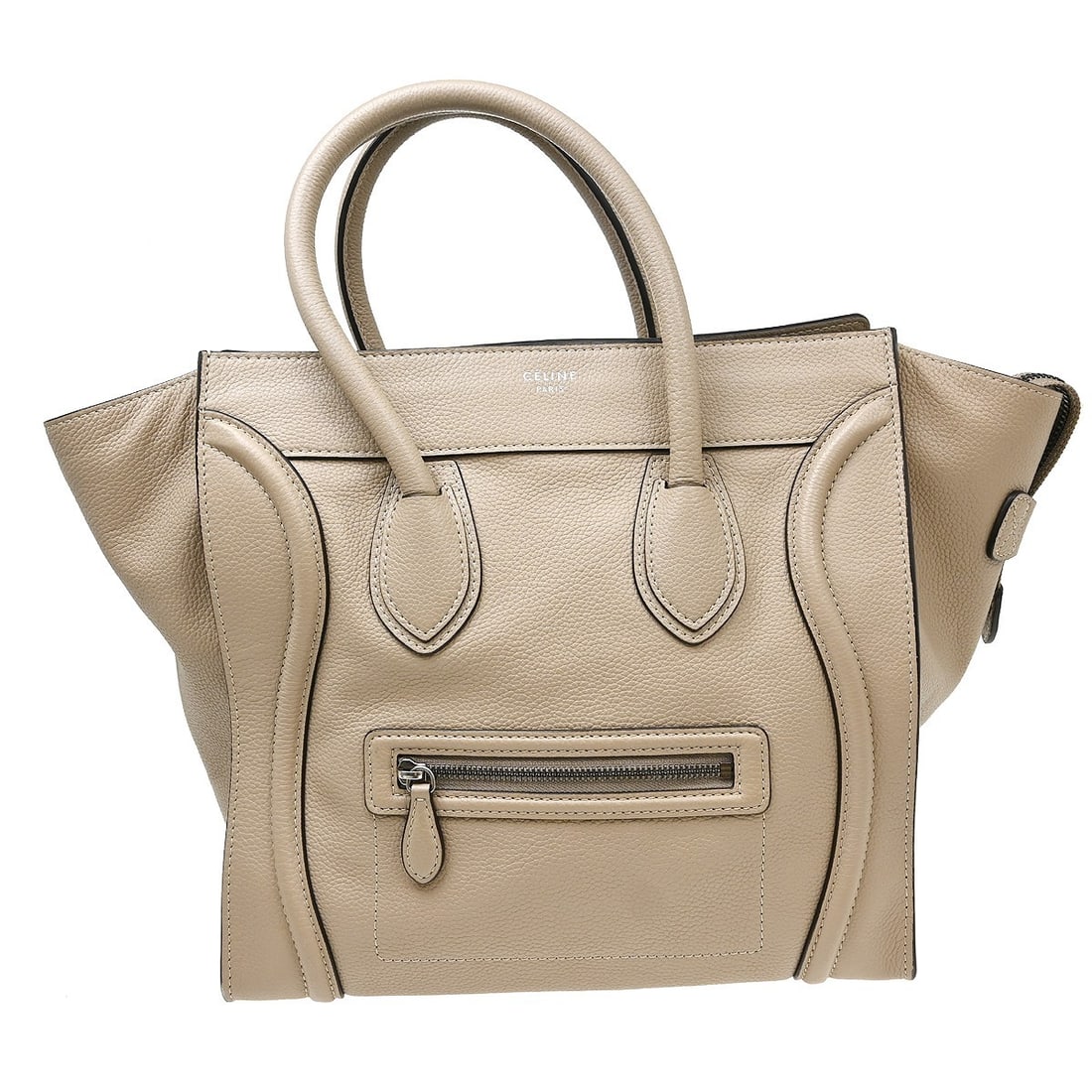 CELINE Mini Luggage Beige Leather Top Handle Bag Italy: CELINE Mini Luggage Beige Leather Top Handle Bag Italy Celine Mini Luggage tote bag in beige leather with double handles and a zip closure. This women's top handle bag features logo accents, a canvas 