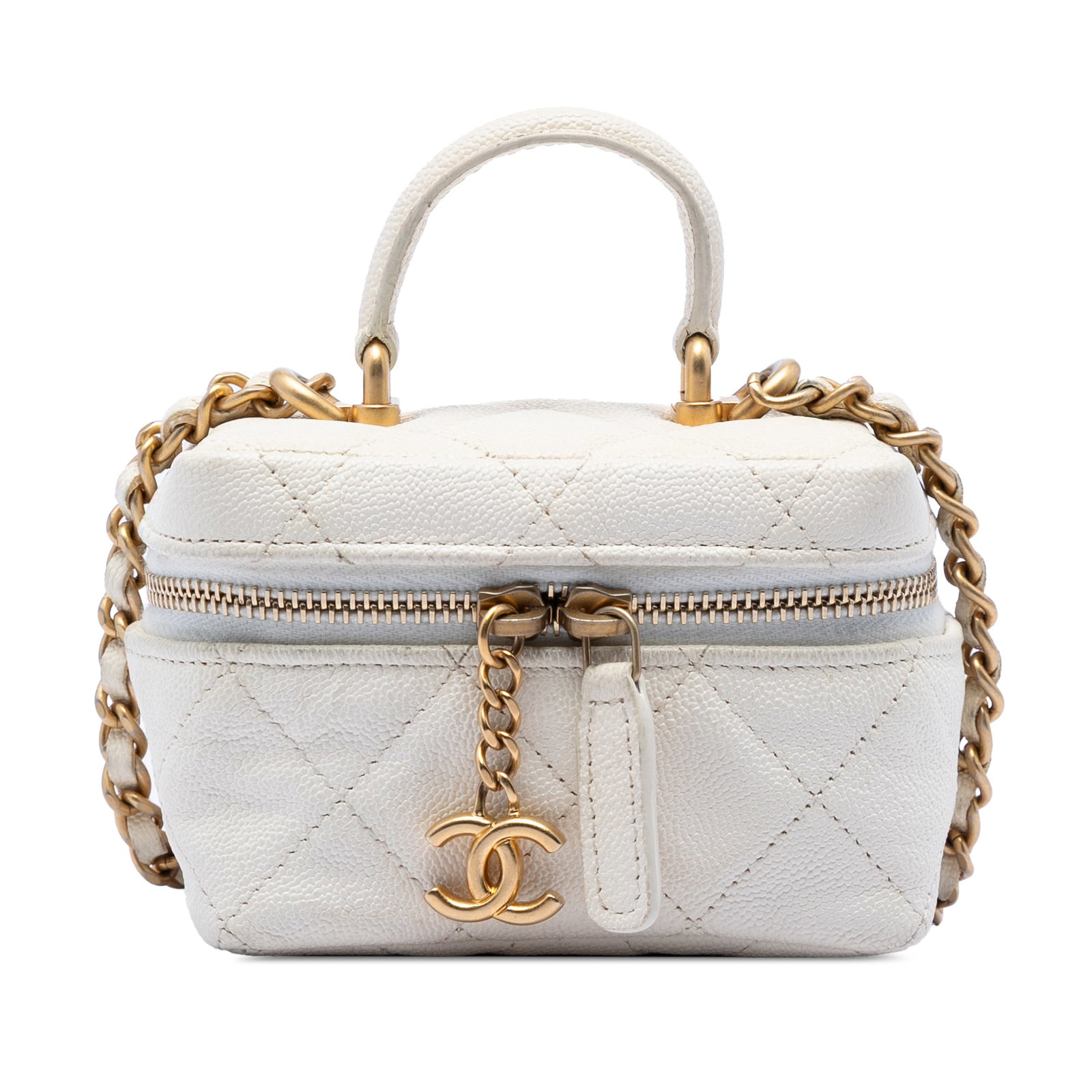 Chanel Mini Vanity Case White Caviar Leather Chain Strap: Chanel Mini Vanity Case White Caviar Leather Chain Strap Compact Chanel vanity case crafted in white caviar leather with a flat top handle, leather-woven chain strap, and zip-around closure. Made in F