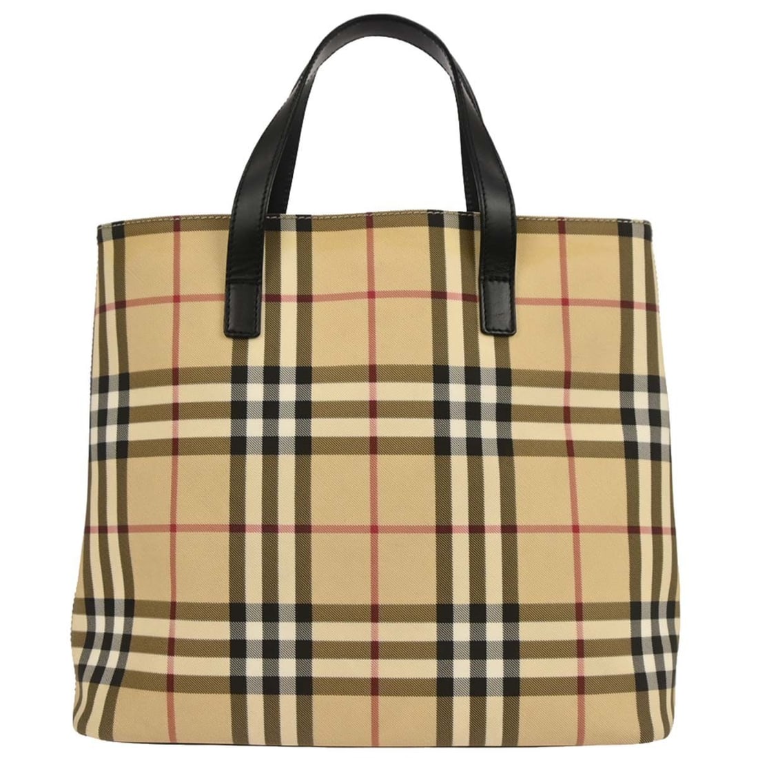 Burberry medium beige tote handbag in PVC leather check pattern: Burberry medium beige tote handbag in PVC leather check pattern Burberry tote handbag in beige Burberry Check with black double leather handles. Made in Italy, this medium hand tote features a canvas 