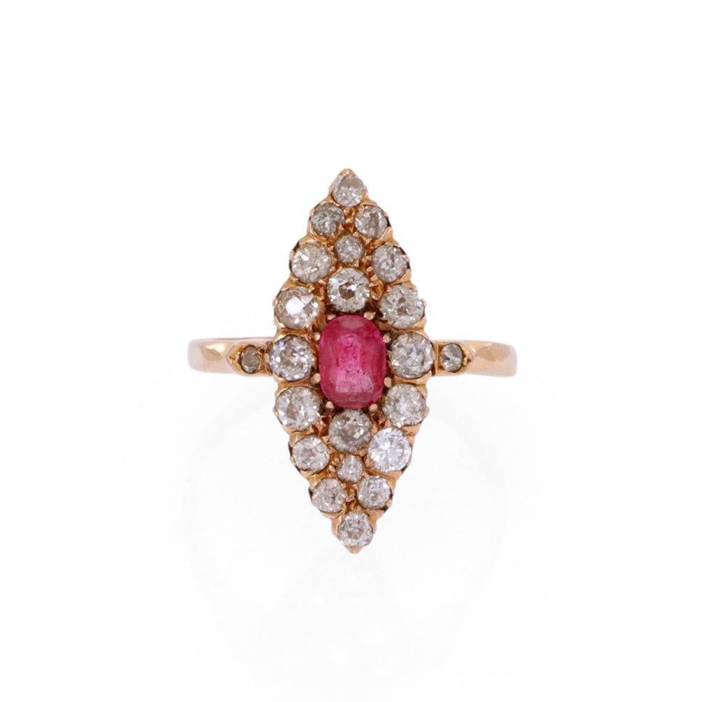 Victorian 18k Rose Gold Marquise Ruby Diamond Cocktail Ring Size 9.25: Victorian 18k Rose Gold Marquise Ruby Diamond Cocktail Ring Size 9.25 Presenting a stunning Victorian Era cocktail ring, this exquisite piece is crafted from 18k rose gold. The ring features a captiva