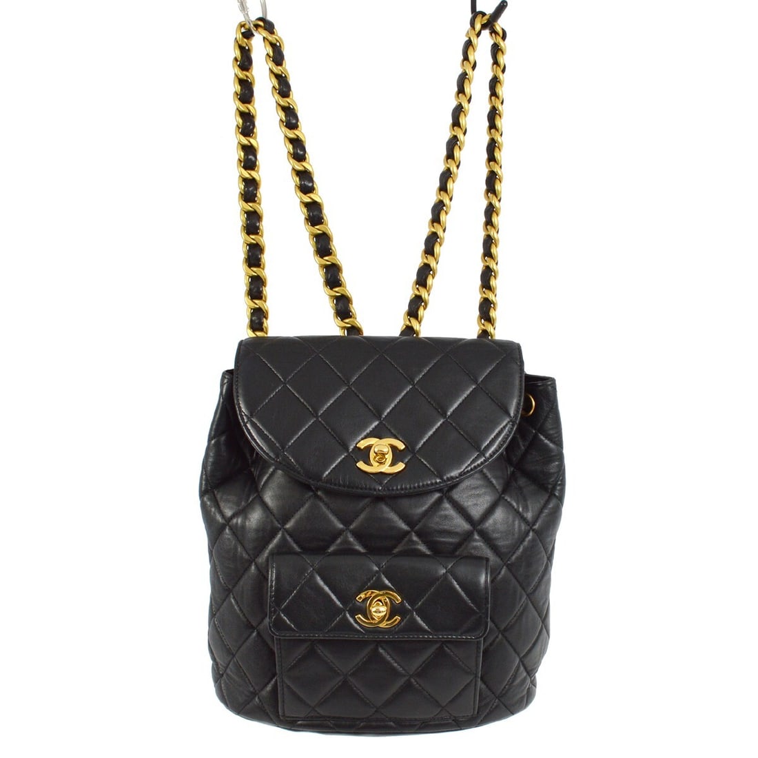 CHANEL Duma small black lambskin backpack with turn lock: CHANEL Duma small black lambskin backpack with turn lock Chanel Duma quilted chain backpack in black lambskin leather. This women's backpack features a turn-lock closure and includes a serial sticker,