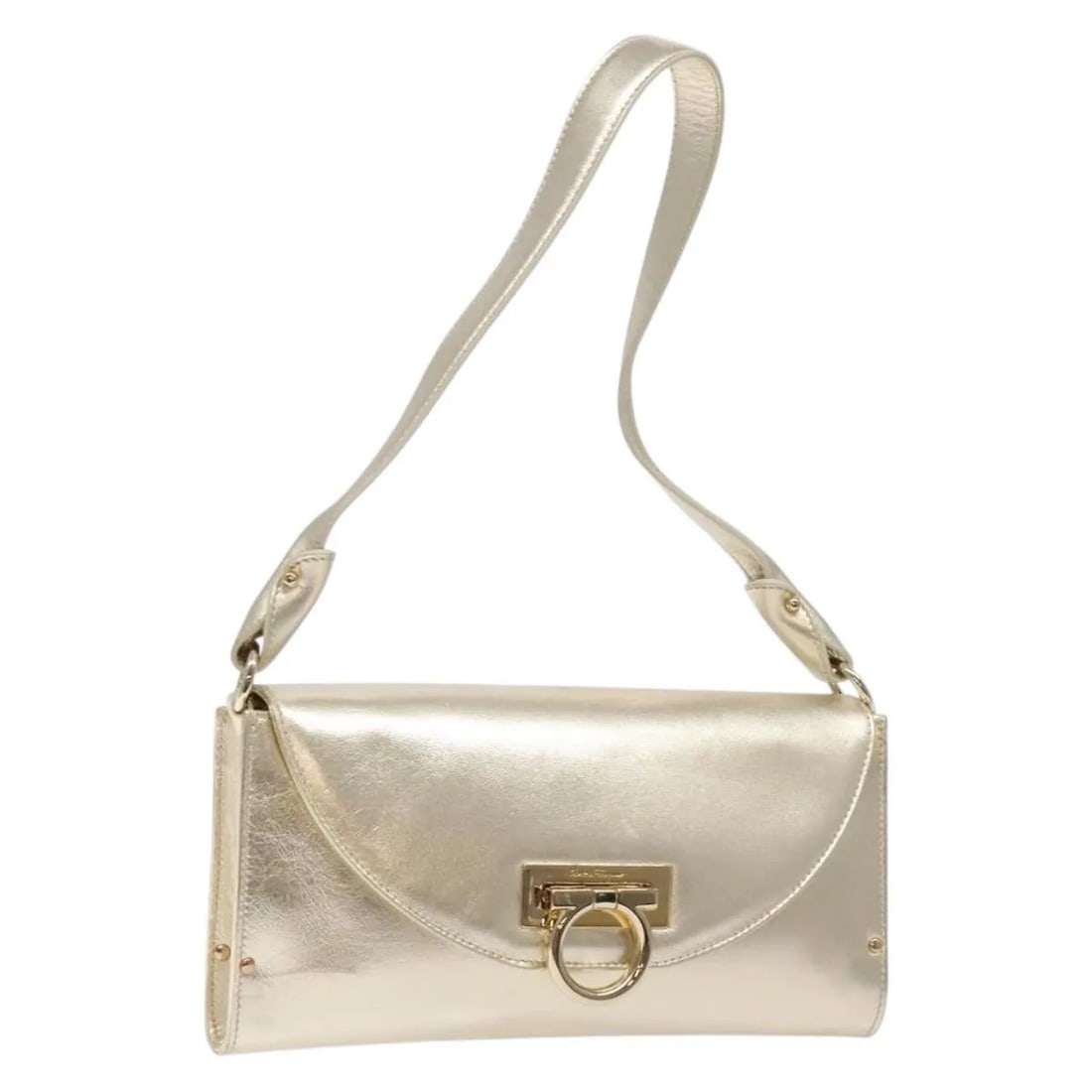 Gold Leather Shoulder Bag Salvatore Ferragamo Gancini: Gold Leather Shoulder Bag Salvatore Ferragamo Gancini This Salvatore Ferragamo Gancini shoulder bag features a gold leather exterior and is designed for women. The bag shows slight rubbing on the outs