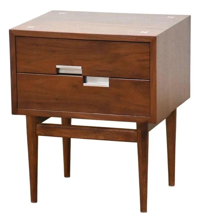 1960s Merton Gershun Walnut Nightstand with Aluminum Inlay: 1960s Merton Gershun Walnut Nightstand with Aluminum Inlay This stunning mid-century modern nightstand from the 1960s showcases a beautiful walnut finish complemented by unique aluminum X inlays and o