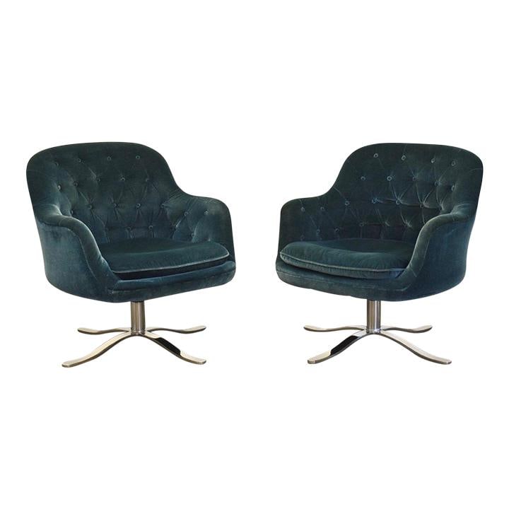 Nico Zographos Mid Century Modern Velvet Swivel Lounge Chairs Pair: Nico Zographos Mid Century Modern Velvet Swivel Lounge Chairs Pair This stunning pair of mid-century modern lounge chairs features a distinctive chrome star swivel base designed by Nico Zographos. The