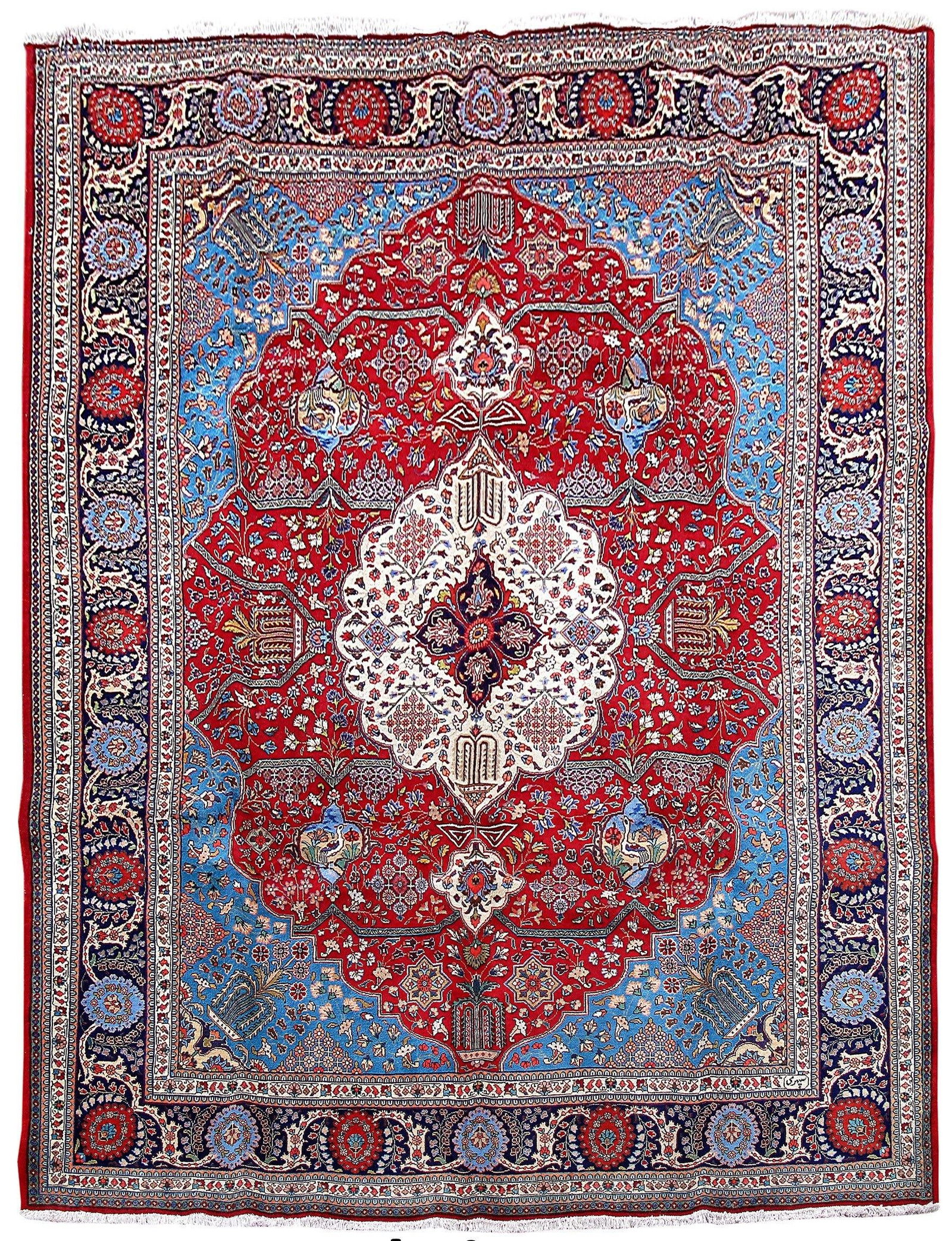 Exquisite 9'10" x 12'10" Red Handmade Persian Tabriz Rug: Exquisite 9'10" x 12'10" Red Handmade Persian Tabriz Rug Free continental US Shipping Experience the luxurious heritage of Persian craftsmanship with this exquisite handmade Tabriz rug. Measuring 9' 1