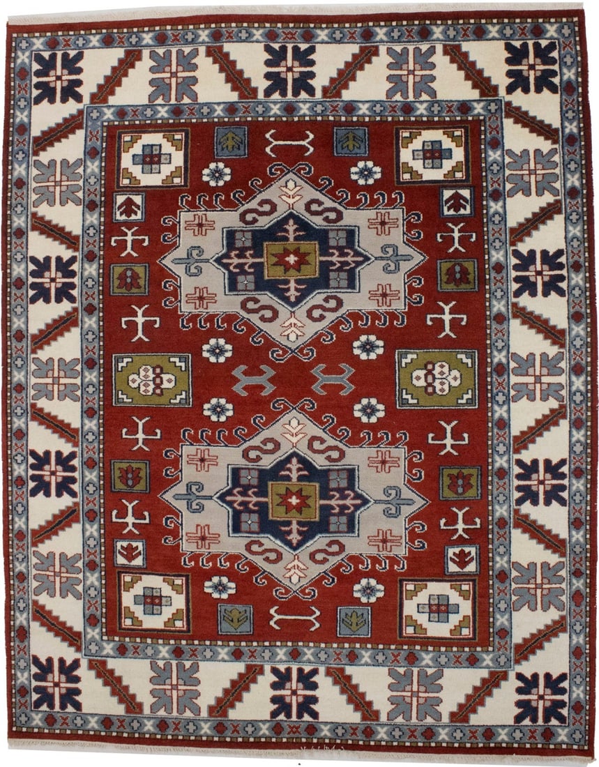 Handmade Tribal Kazak Geometric Area Rug 5'3 x 8'1 Wool Eco-Friendly: Handmade Tribal Kazak Geometric Area Rug 5'3 x 8'1 Wool Eco-Friendly Enhance your living space with this Handmade Tribal Kazak Oriental Rug, featuring a striking geometric design that beautifully comp