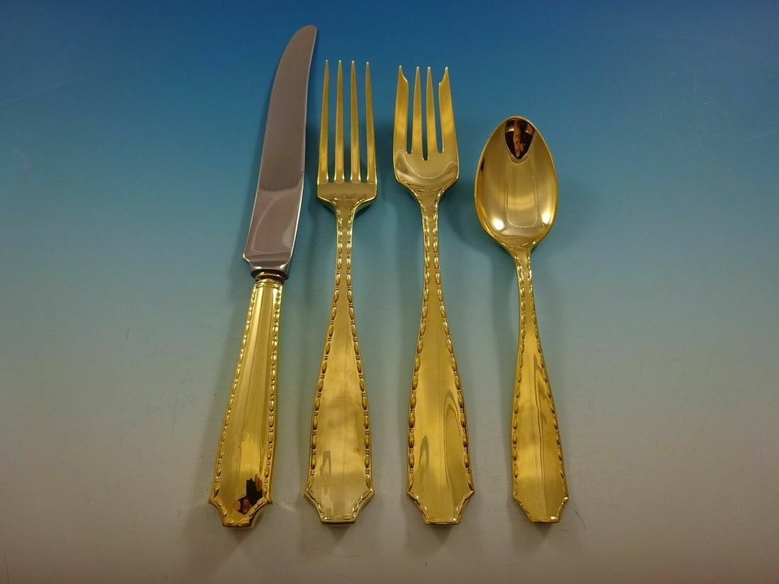 Tiffany & Co Marquise Vermeil 4pc Sterling Silver Place Setting: Tiffany & Co Marquise Vermeil 4pc Sterling Silver Place Setting This exquisite 4-piece place setting features the Marquise Vermeil pattern by Tiffany & Co., crafted from sterling silver with a luxurio