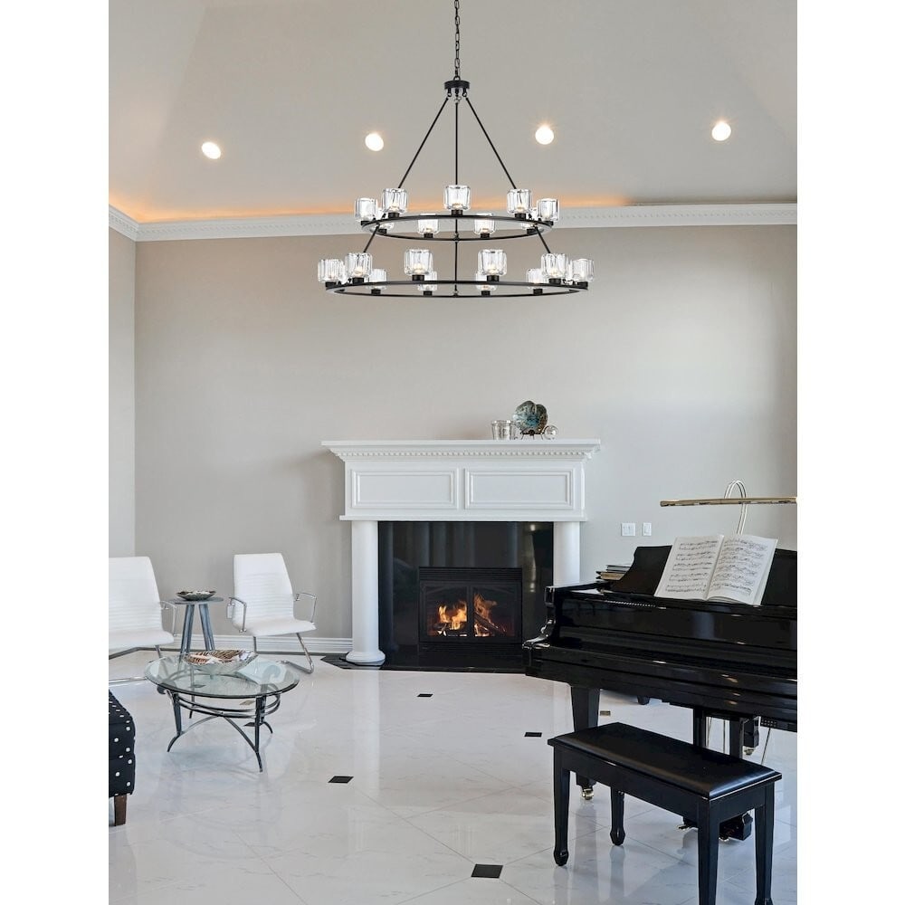 Black 21 Light Cadence Chandelier 48 Inch Metal Glass: Black 21 Light Cadence Chandelier 48 Inch Metal Glass This large 21-light chandelier features a black metal frame with glass shades, offering a striking statement piece for spaces such as foyers, dini