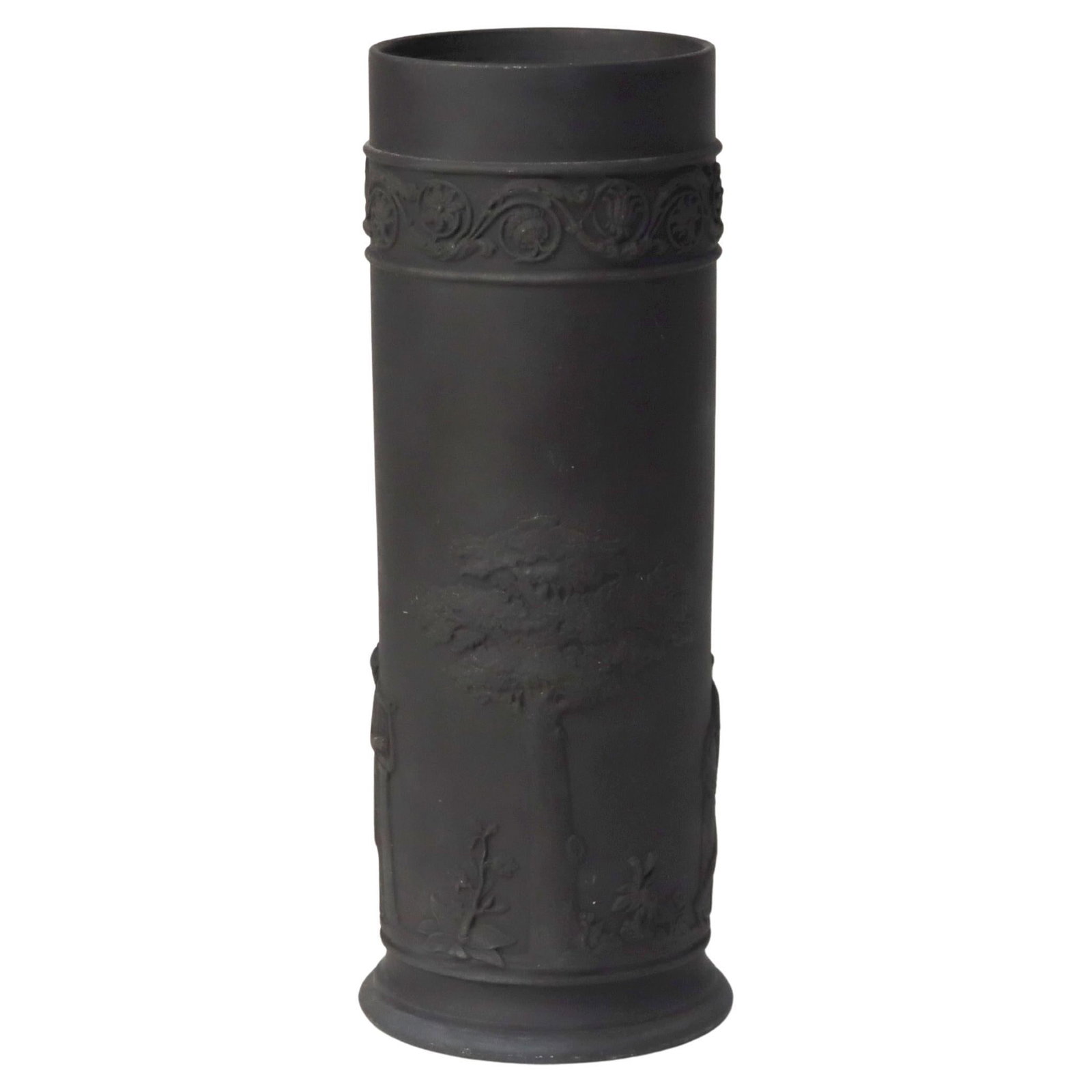 Antique Wedgwood Black Basalt Vase C1860 Classical Motifs 7.5": Antique Wedgwood Black Basalt Vase C1860 Classical Motifs 7.5" Presenting an exquisite Antique Wedgwood Classical Black Basalt Pottery Vase, dating to circa 1860. This remarkable piece showcases intri