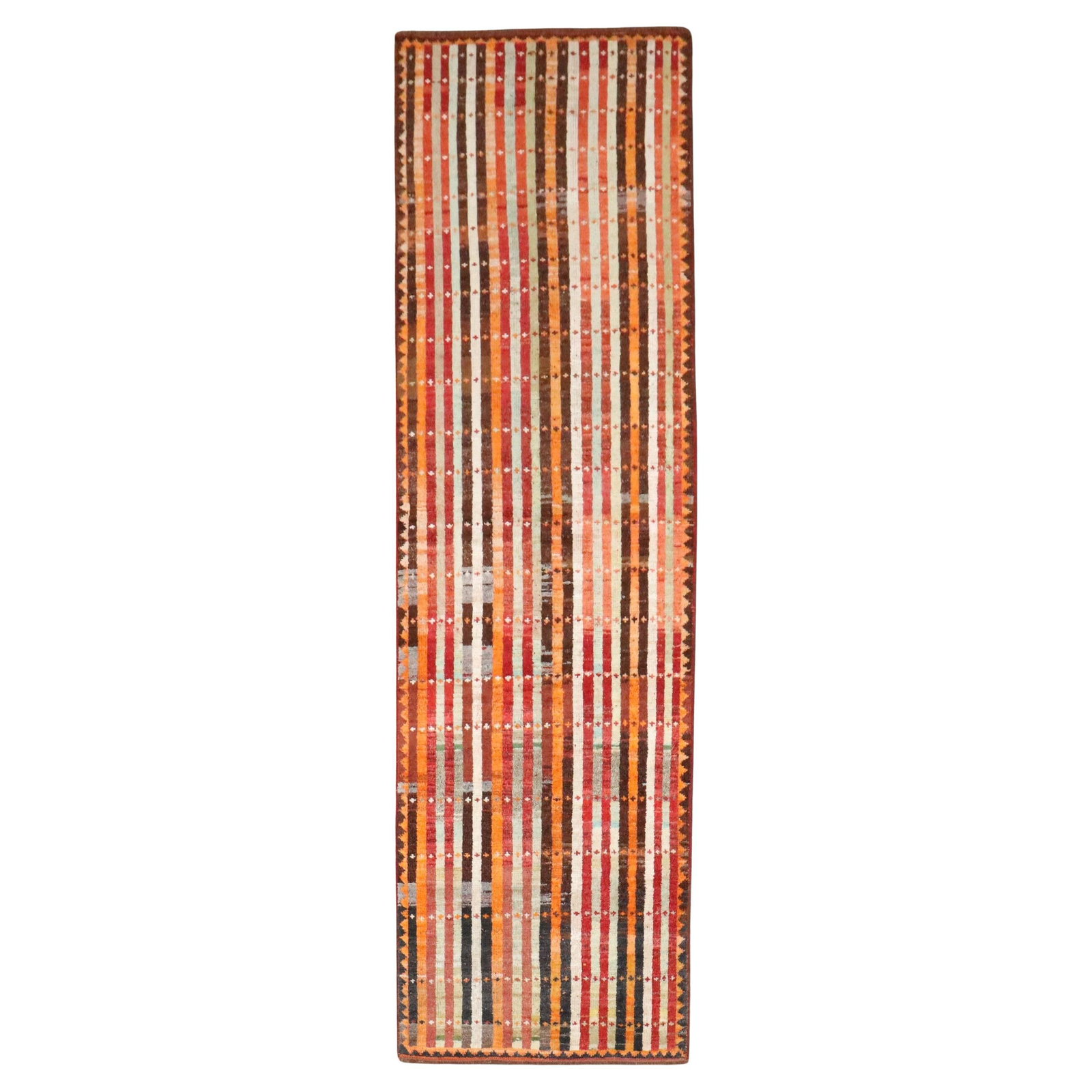 Mid Century Turkish Wool Anatolian Runner Rug 3'1 x 9'10 Striped: Mid Century Turkish Wool Anatolian Runner Rug 3'1 x 9'10 Striped This is a unique mid-20th century Turkish Anatolian runner rug, featuring a rustic style and a vibrant striped pattern in multiple colo