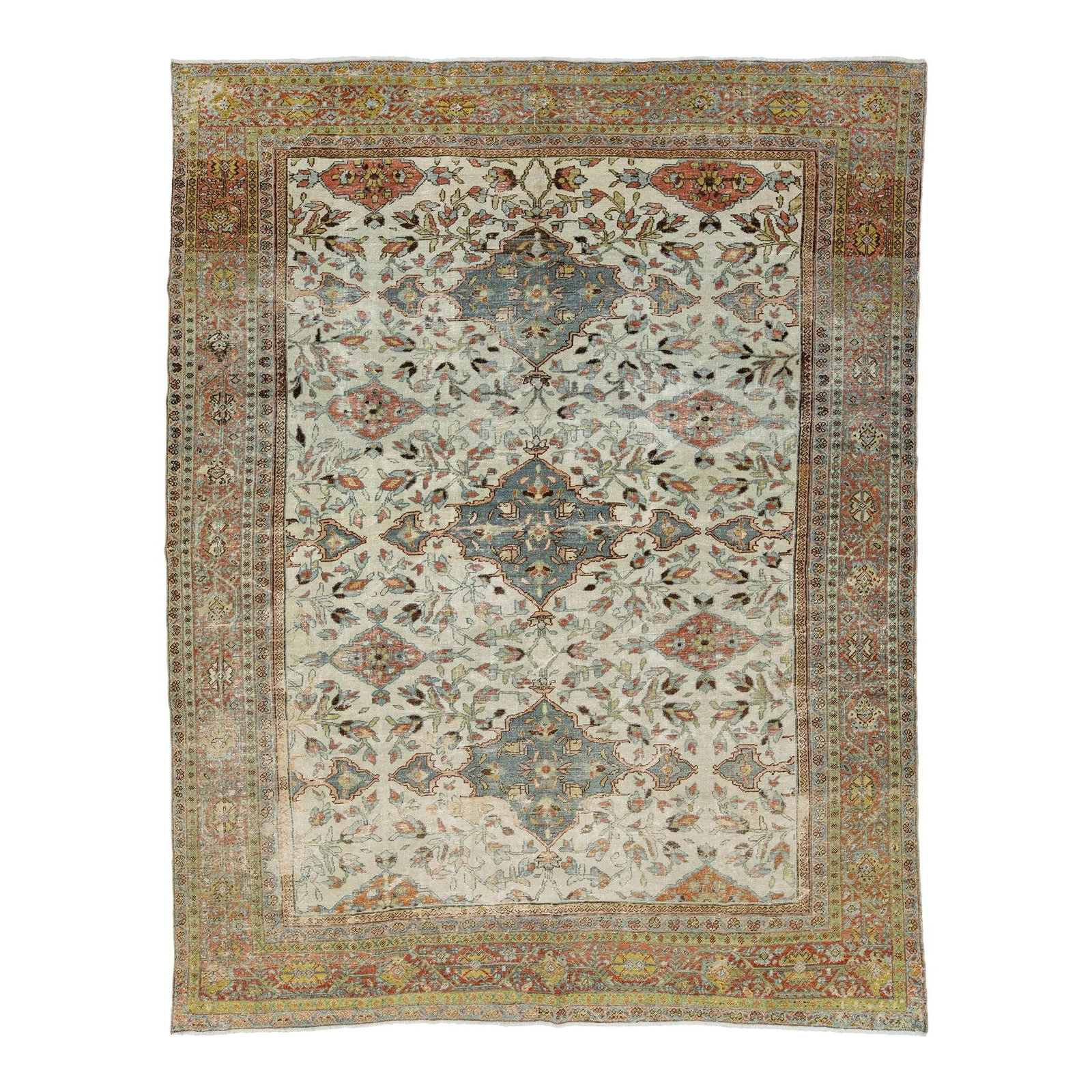 19th Century Persian Mahal Hand-Knotted Wool Rug Beige Floral Design: 19th Century Persian Mahal Hand-Knotted Wool Rug Beige Floral Design This exquisite 19th Century Persian Mahal wool rug showcases a stunning beige field adorned with a floral motif in rich green, rust