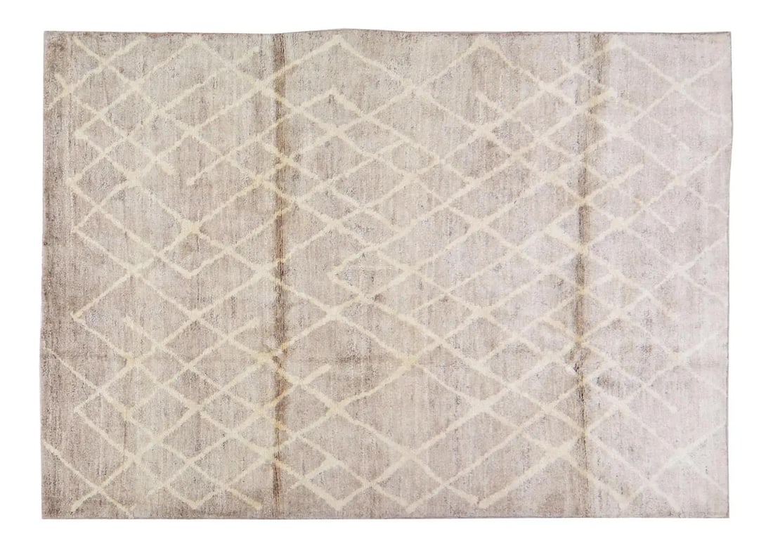 5'8" x 9' Wool Beni Ourain Moroccan Hand Knotted Rug in Champagne Tone: 5'8" x 9' Wool Beni Ourain Moroccan Hand Knotted Rug in Champagne Tone This Moroccan Beni Ourain rug is hand knotted from wool and features natural colors in a contemporary style. The rug has a soft t