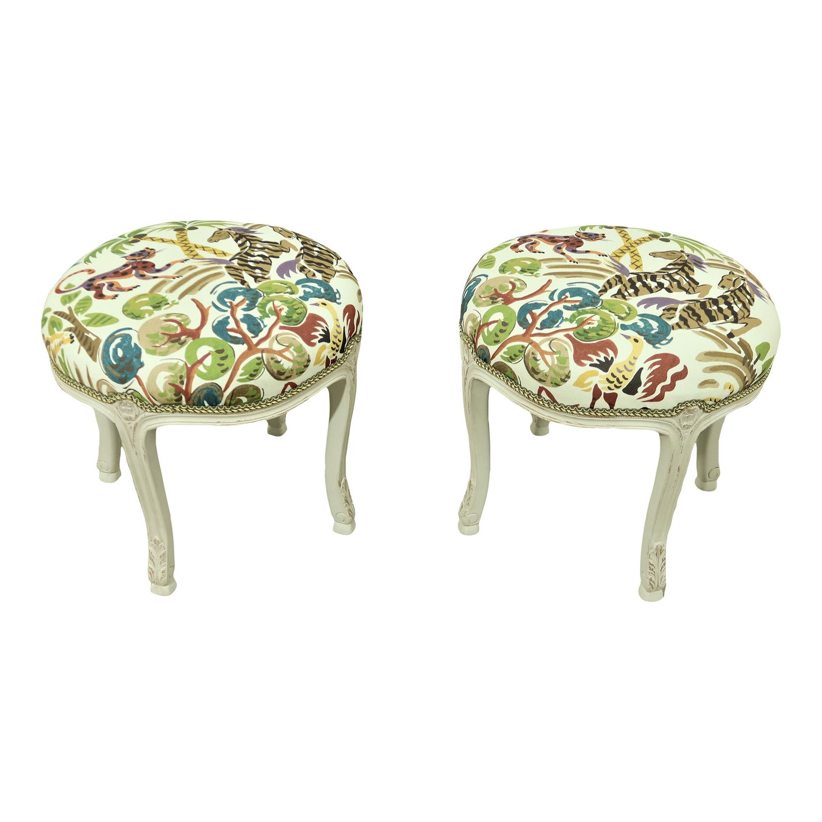 Vibrant Pair of Round French Stools with Safari Print Upholstery: Vibrant Pair of Round French Stools with Safari Print Upholstery This exquisite pair of round French painted stools showcases a delightful safari animal print upholstery, perfect for adding a vibrant 