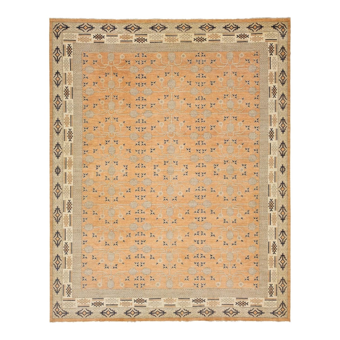 15'1 x 18'11 Handmade Wool Khotan Style Rug in Orange: 15'1 x 18'11 Handmade Wool Khotan Style Rug in Orange Enhance your space with this stunning oversized Khotan-style handmade wool rug. Featuring a vibrant orange field accented with brown and beige, th