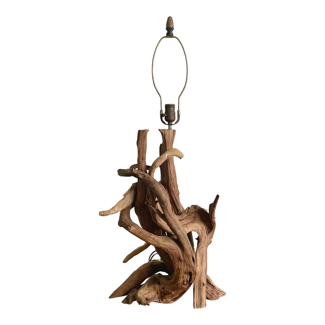 Organic Modern Driftwood Table Lamp With Brass Hardware 34 Inch: Organic Modern Driftwood Table Lamp With Brass Hardware 34 Inch This vintage driftwood table lamp showcases organic modern design with a sculptural base made from intertwining, sun-bleached driftwood 