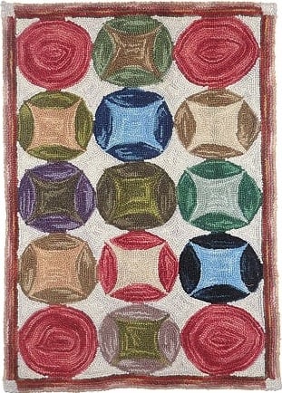 H676 Lu Colorful Wool Rug 3x5 Hand-Tufted Eclectic Style: H676 Lu Colorful Wool Rug 3x5 Hand-Tufted Eclectic Style Enhance your living space with the vibrant H676 Lu Wool Rug, featuring a playful design of colorful circles and squares. This hand-tufted rug i