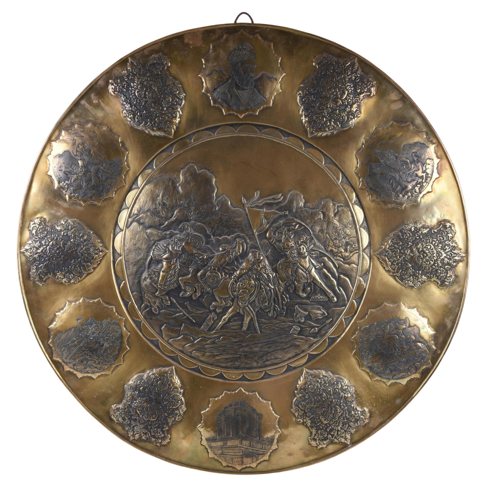 Persian Copper Repousse Charger with Ferdowsi Portrait and Battle Scene: Persian Copper Repousse Charger with Ferdowsi Portrait and Battle Scene This large vintage Persian copper bas relief charger from the 1940s features an impressive repousse design. The central motif de