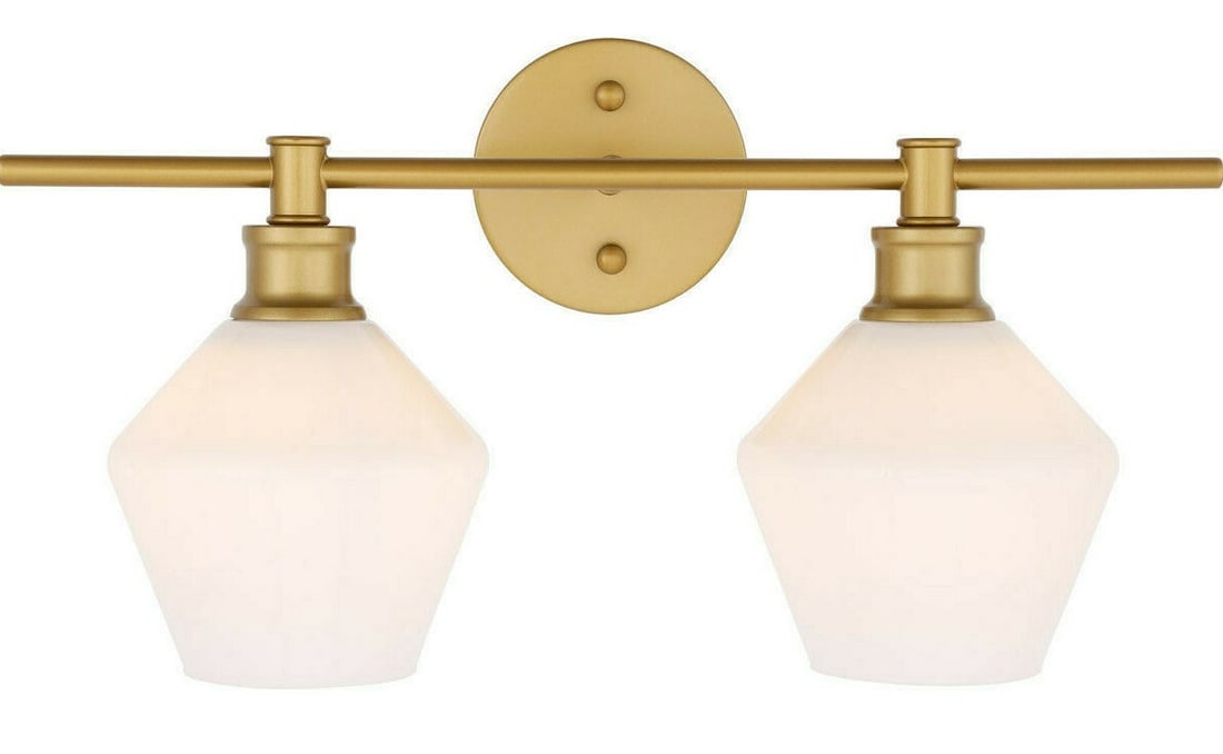 Gene Brass 2 Light Wall Sconce with Frosted White Glass Shades: Gene Brass 2 Light Wall Sconce with Frosted White Glass Shades This modern wall sconce features a brass color metal frame paired with frosted white glass shades, offering a stylish lighting solution f