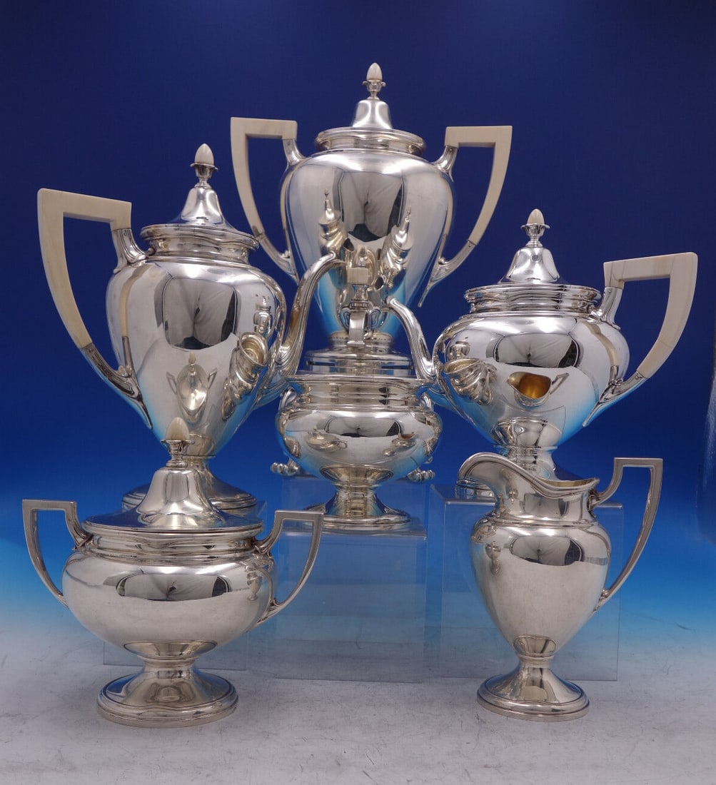 Gorham Old French Sterling Silver 6pc Tea Set with Kettle: Gorham Old French Sterling Silver 6pc Tea Set with Kettle Presenting an exquisite 6-piece tea set from Gorham in the elegant Old French pattern. This remarkable sterling silver set features a rare ket