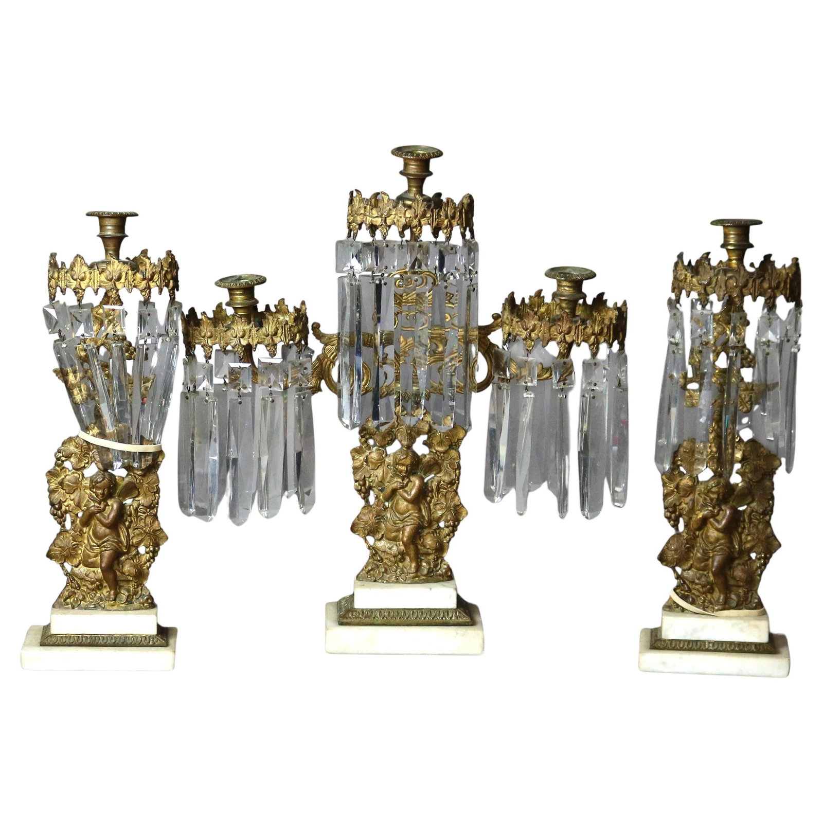 Set of 3 Cherub Bronze Marble Girandoles with Crystal Prisms (1 of 10)