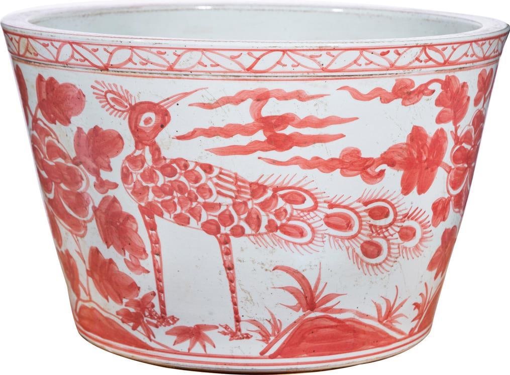Handmade Coral Red Ceramic Bird Bath Planter Asian Antique Style (1 of 5)