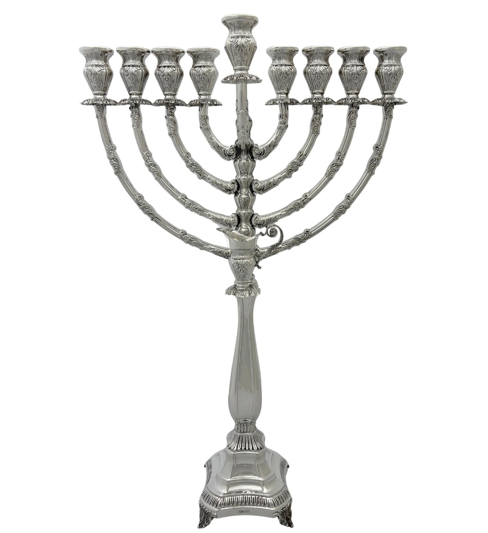 Modern Handmade Sterling Silver Hanukah Menorah with Chased Leaf Design 26 Inch (1 of 3)