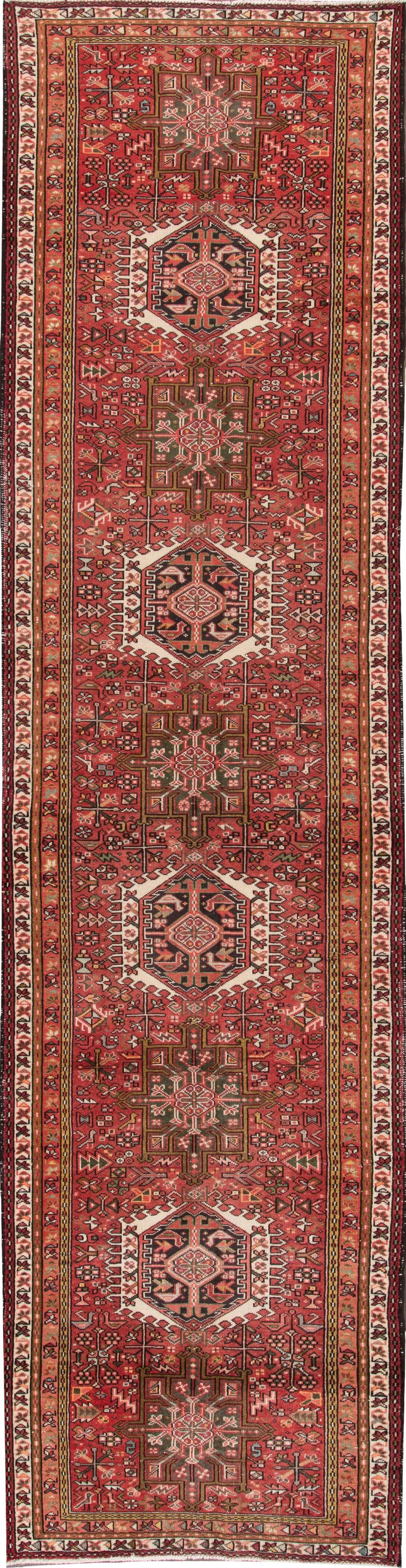 Antique Heriz Handmade Wool Runner Red Geometric Design 3'4 x 13'9: Antique Heriz Handmade Wool Runner Red Geometric Design 3'4 x 13'9 Enhance your space with this exquisite Red Vintage Heriz Handmade Wool Runner. This stunning antique rug features a rich red field ad