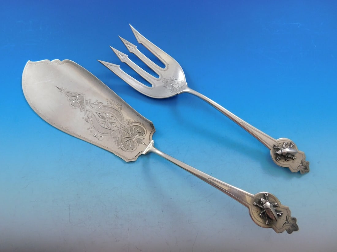 Gorham Art Silver coin fish server fork 2-piece set applied bug (1 of 9)