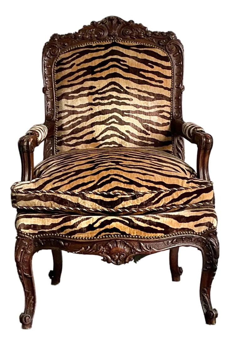 Louis XV Style Fauteuil in Scalamandre Tiger Stripe Velvet (1 of 10)