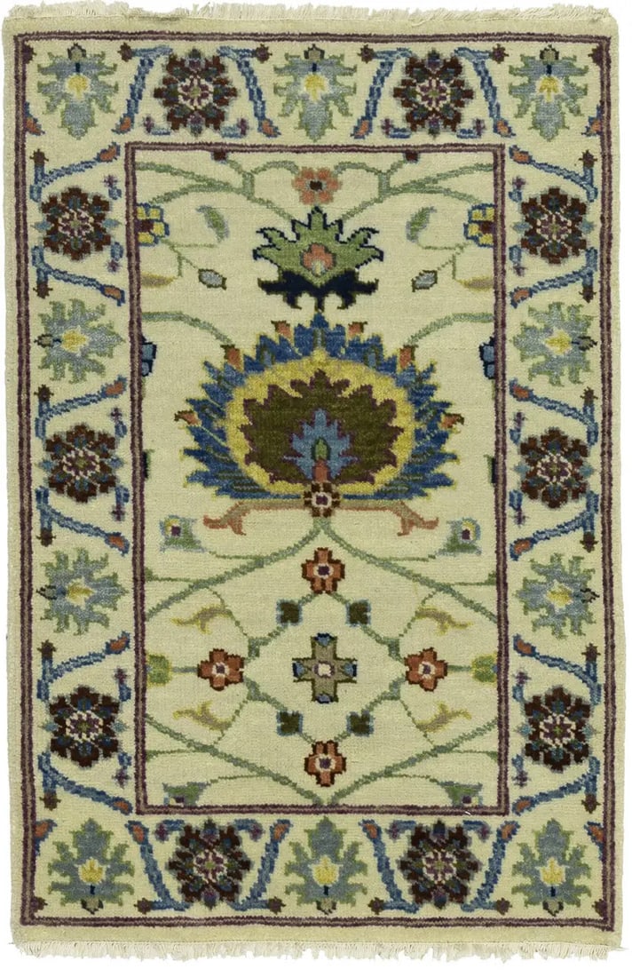 Hand-Knotted Beige Floral Peshawar Rug 2'1 x 3'1 Wool Eco-Friendly: Hand-Knotted Beige Floral Peshawar Rug 2'1 x 3'1 Wool Eco-Friendly Enhance your space with this exquisite hand-knotted beige floral Osh Chobi Peshawar rug, measuring 2'1" x 3'1". Crafted in India, thi