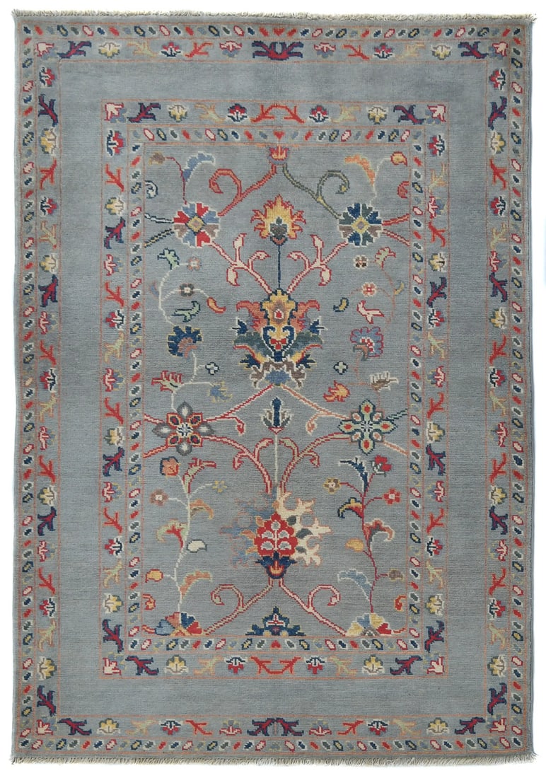 Hand-Knotted Gray Kazak Floral Rug 3'3 x 4'9 Wool Modern Design: Hand-Knotted Gray Kazak Floral Rug 3'3 x 4'9 Wool Modern Design Enhance your space with this exquisite Hand-Knotted Gray Kazak Rug, featuring a stunning floral design. Measuring 3'3" x 4'9" (57" x 39"