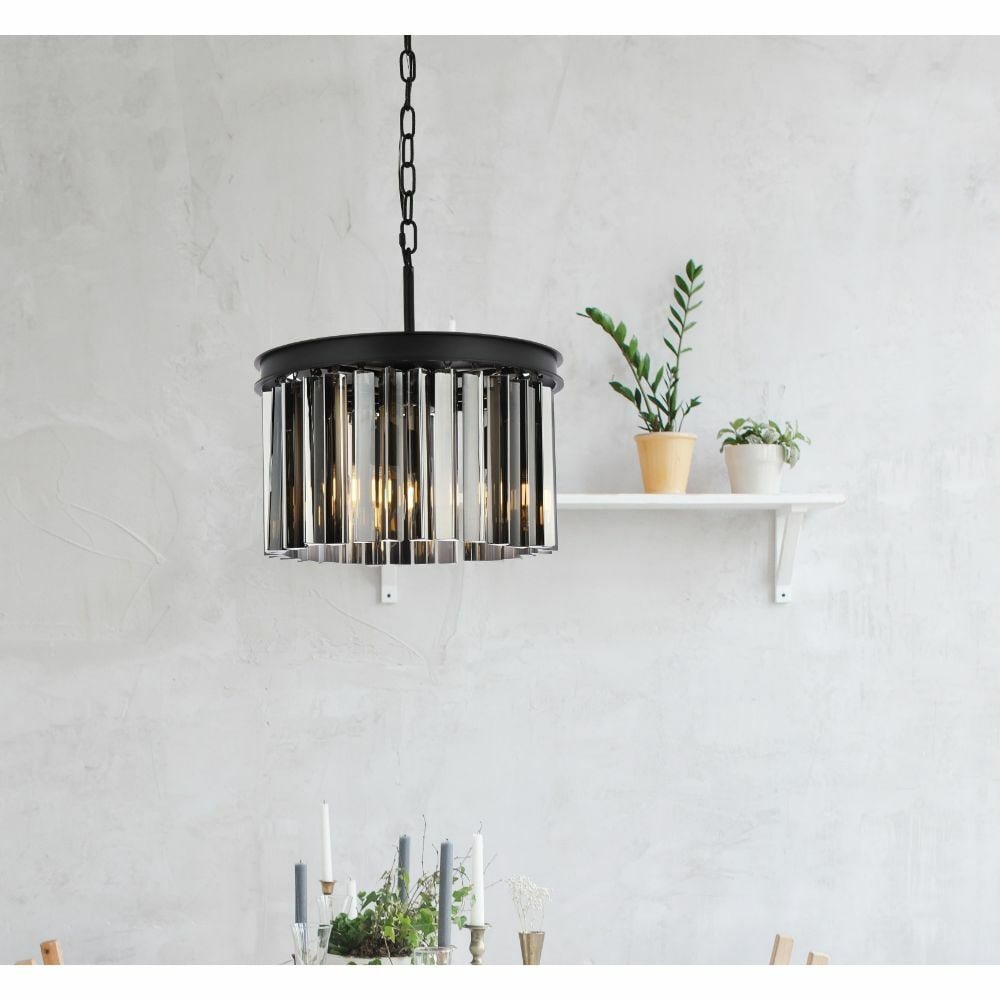 Sydney 3 Light Matte Black Crystal Pendant Chandelier 16 inch: Sydney 3 Light Matte Black Crystal Pendant Chandelier 16 inch This modern ceiling chandelier features a matte black frame paired with high-quality Royal Cut silver shade crystals, offering a contempor