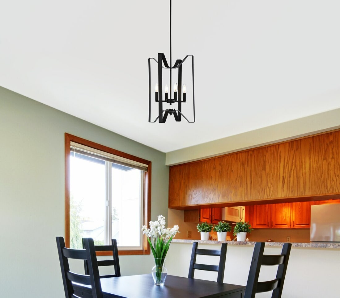 Living District Hoffman 4-Light Black Pendant Chandelier: Living District Hoffman 4-Light Black Pendant Chandelier This mid-century modern pendant chandelier features a black rectangular shade and is designed for use in dining rooms, bedrooms, kitchens, and 