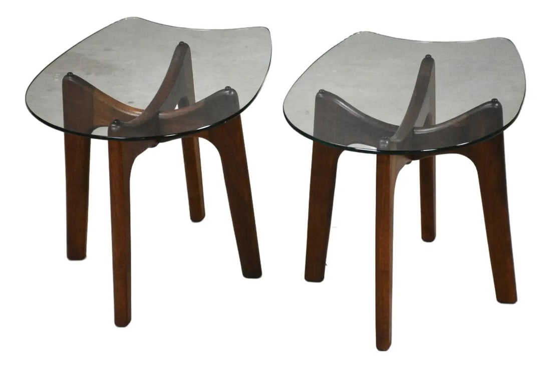 Pair of Mid Century Walnut and Glass End Tables by Adrian Pearsall: Pair of Mid Century Walnut and Glass End Tables by Adrian Pearsall This pair of mid-century modern end tables was designed by Adrian Pearsall for Craft Associates and crafted in the United States arou