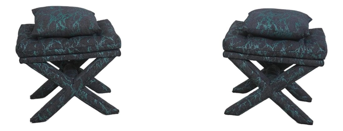 Blue Gray Upholstered Stools Pair Stretcher Base 23w x 17.5d x 20.5h (1 of 10)