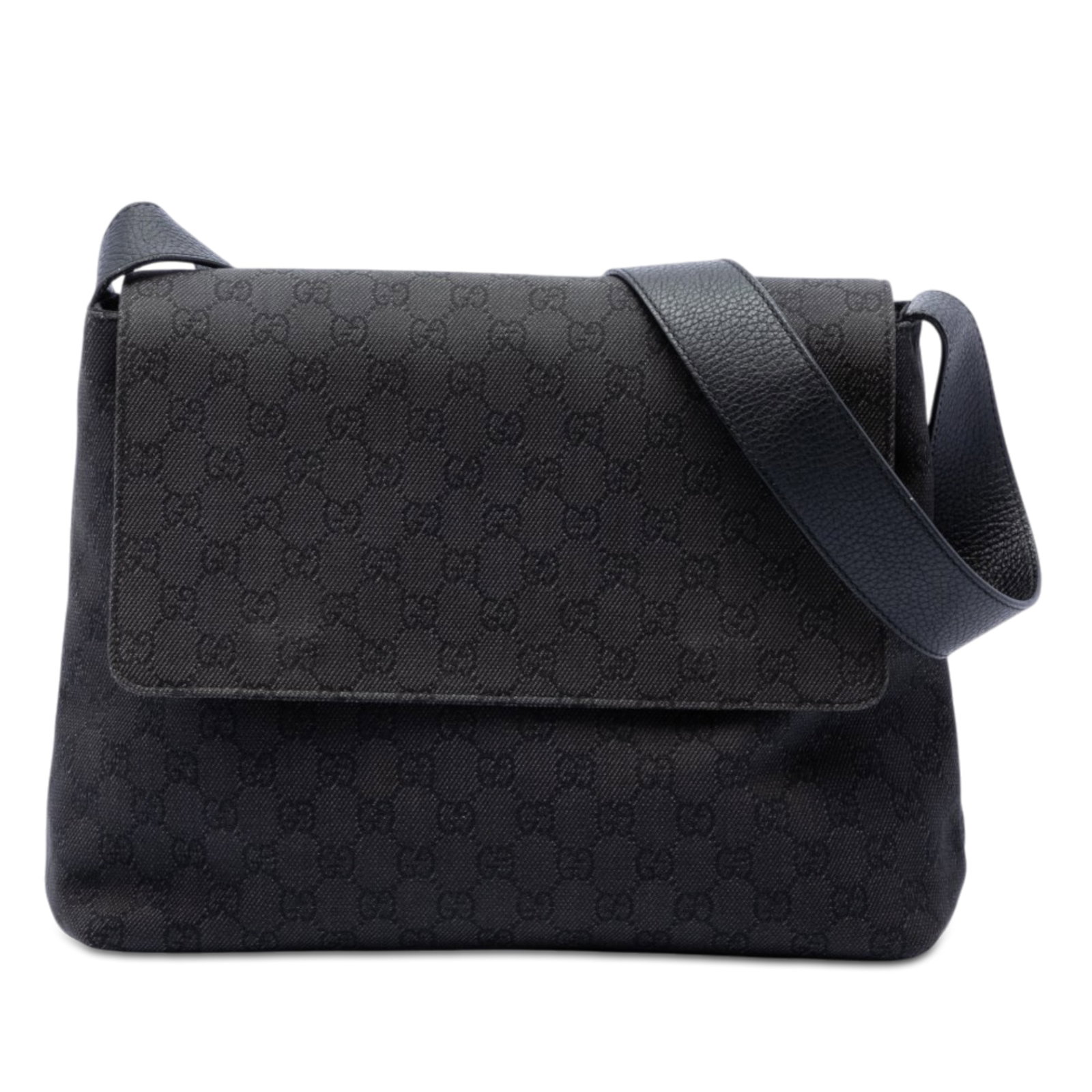 Gucci Black Denim Crossbody Messenger Bag GG Model: Gucci Black Denim Crossbody Messenger Bag GG Model This Gucci GG Denim Messenger Bag features a denim body with a black colorway, complemented by an adjustable leather shoulder strap for versatile wea