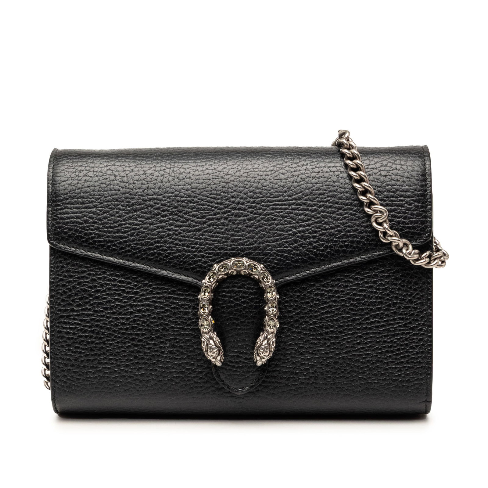 Gucci Dionysus leather wallet on chain black shoulder bag: Gucci Dionysus leather wallet on chain black shoulder bag Gucci Dionysus Wallet on Chain in black calfskin leather. This bag features a chain link shoulder strap, a front flap with snap button closure
