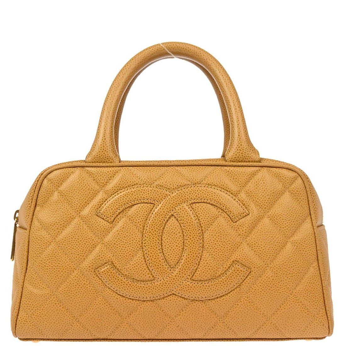 Chanel Caviar Bowling Bag Beige Calfskin Leather Medium: Chanel Caviar Bowling Bag Beige Calfskin Leather Medium Chanel Bowling Bag in beige caviar skin leather with double handles, a zip closure, logo accents, and inner pockets. Made in France, this medium